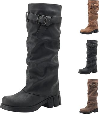 Generic Womens Long Riding Boots Cow Boy Boots Womens Long Suede Chunky Low Block Boot With Buckle Retro Knee-High Boot Tall Cowgirl Booties Comfortable Winte