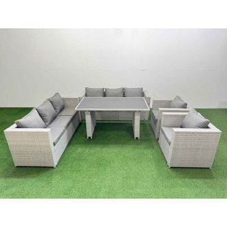 Fimous Fimous - 8 Seater Wicker pe Rattan Furniture Outdoor Dining Table 3 Seater Sofa Armchair Set Light Grey