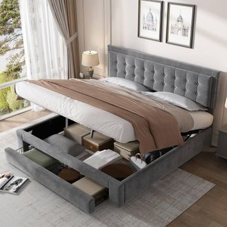 Merax 6FT Super King Velvet Upholstered Ottoman Bed with Lift Storage in Grey