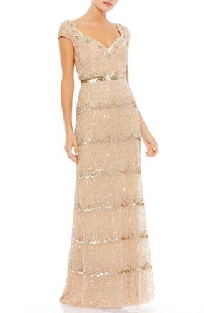 Mac Duggal Cap Sleeve Embellished Column Gown in Nude at Nordstrom, Size 16