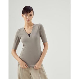 Brunello Cucinelli WomenS Khaki Stretch Cotton V Neck Shirt, Size XXS