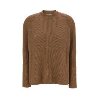 Max Mara Round-neck Knitwear, female, Brown, Size: XL Ribbed crew neck sweater Molveno style