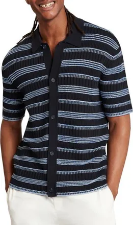Ted Baker Florem Stripe Short Sleeve Knit Button-Up Shirt in Navy at Nordstrom, Size 3