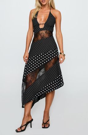 Princess Polly Down with Love Asymmetric Sleeveless Midi Dress in Black /White Polka at Nordstrom, Size 2