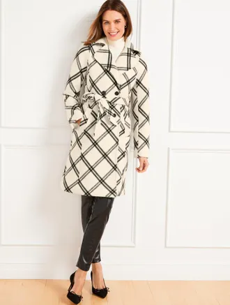 Talbots Plus Size - Belted Coat - Brushed Windowpane - Ivory/Black - 16 Talbots
