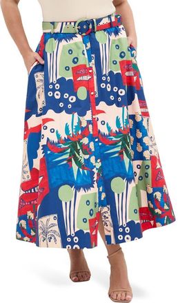 City Chic Elysia Printed Cotton Maxi Skirt in Marine Scape at Nordstrom, Size 20W