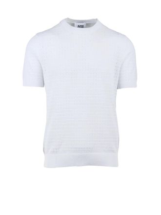 Alpha Studio White Cotton Polyester Crew Neck Knit Top
