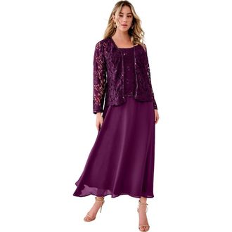 Roaman's Plus-Size 2 Piece Long Sleeve Embellished Lace Jacket And Full Gown in Dark Berry at Nordstrom, Size 24