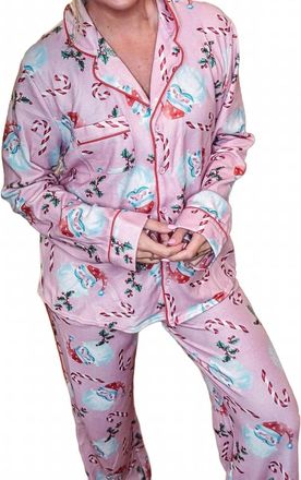 Peach Love California Santa And Candy Cane Fleece Pajama Top In Pink