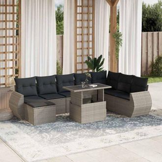 vidaXL Set Muebles Jard&iacute;n 9 Pzas Y Cojines Rat&aacute;n Sint&eacute;tico Gris Claro Vidaxl