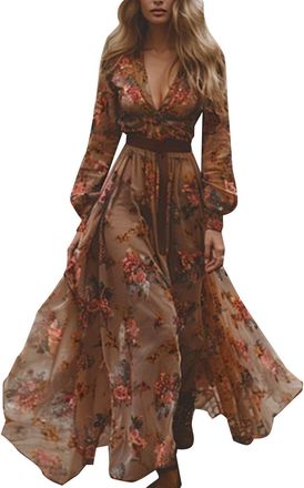 Generic Boho Dresses for Women UK Western Cowgirl Vintage French Sexy Floral Wedding Long Sleeve Lace Flare Wrap Maxi Dress Summer Fall Embroidery V-Neck Coun