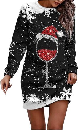 Generic Christmas Dresses for Women Long Tops Long Sleeve Tshirt Holiday Casual Sweatshirt Casual Slim Crew Neck Sweatshirt Knee Length Poncho BlouseCasual Pa