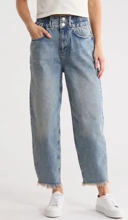 AllSaints Hailey Fray Hem Barrel Leg Jeans in Mid Indigo at Nordstrom Rack, Size 12 Us / 16 Uk