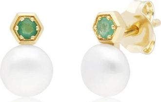 Gemondo White Pearl & Emerald 9ct Yellow Gold Stud Earrings One Size