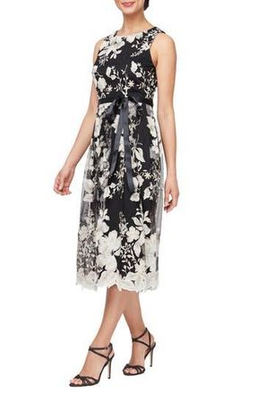 Alex Evenings Floral Embroidered Midi Dress in Black/Chai at Nordstrom Rack, Size 8