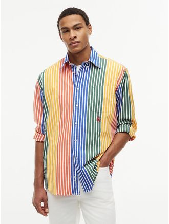 Tommy Hilfiger Mens Relaxed Fit Multicolor Stripe Shirt - Brilliant Orange Multi Stripe - XL