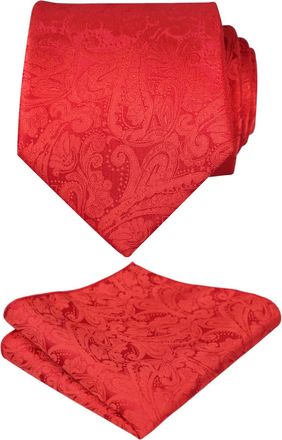 Alizeal Handmade Paisley Floral Tie with Pocket Square Set, Red