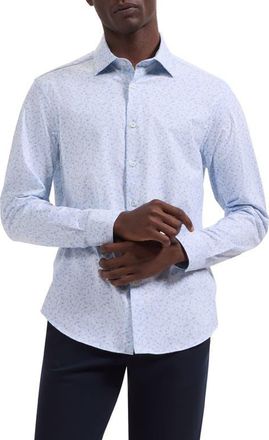 Bugatchi Jimmy OoohCotton Leaf Print Button-Up Shirt in Air Blue at Nordstrom, Size Xxx-Large