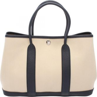 Herm&egrave;s Beige Navy Toile Chevron Negonda Leather Handbag Tote Bag (Pre-Owned)