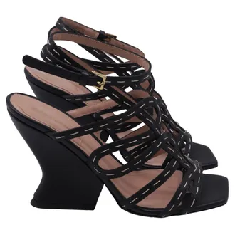 Alberta Ferretti Caged Strap Sandal Heels in Black Leather