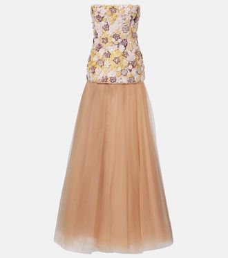 Costarellos Theia floral-appliqu&eacute; sequined tulle gown