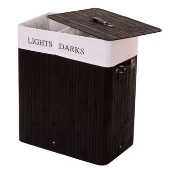 Hhg Nunca Usado] Cesto Para Ropa Sucia Hhg 153, Caja Para Ropa Sucia Cesto Para Ropa Sucia, Bamb&uacute; 2 Compartimentos 63x55x34cm 100l, Negro