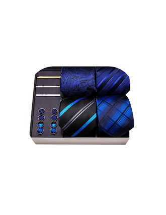 Barry.Wang 4 PCS Gift Tie Set Mens Silk Blue Necktie Pocket Square Cufflinks & Tie Clips Wedding Classic