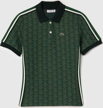 Lacoste Womens Slim-Fit Monogram Jacquard Polo Shirt in Green Cotton - Size 10 UK