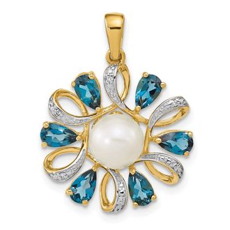 Diamond2Deal 14k Yellow Gold Freshwater Cultured Pearl & Blue Topaz Diamond Pendant