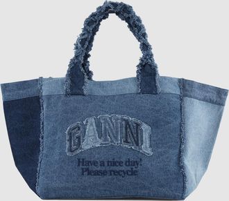 Ganni Tote Bag Xxl Trapeze Shopper Denim Dark Blue Vintage