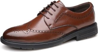 Generic Dress Shoes for Men Lace Up Brogue Embossed Wing tip Derby Shoes Vegan Leather Block Heel Resistant Non Slip Low Top Anti-Slip Prom(Brown,5.5 UK)