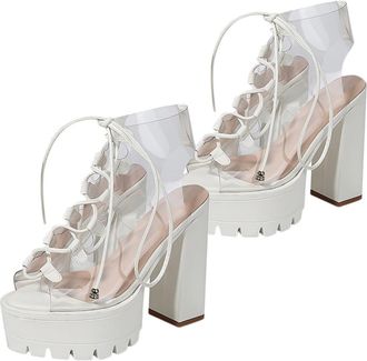 UPKOCH Women Summer High Heel Sandals Lace-Up Fish Mouth Chunky Heel PVC Candy Color Shoes White Size 36
