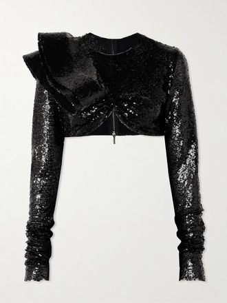 Maticevski Crop Top In Mesh Con Paillettes E Ruche Illusion - Nero