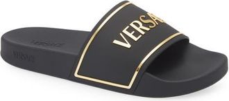 Versace Logo Pool Slide in Black Gold at Nordstrom, Size 8Us
