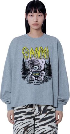 Ganni Maglia Girocollo Cotone Basic Manica Lunga - - Sweatshirts & Hoodies - Donna - Grigio - S