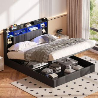 OEM Cama Con Almacenamiento - Tama&ntilde;o Queen 160x200 - Tejido De Lino Gris Antracita - Led Rgb + Estaci&oacute;n De Carga - Cofre Hidr&aacute;ulico 300 Kg
