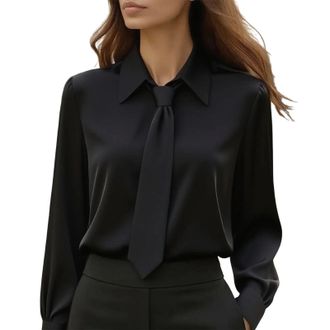 Generic Womens Elegant Satin Shirt Top Tie Neck Blouse Long Sleeve Collared Office Tops with Puff Sleeves Glossy Adjustable Necktie Shirt for Formal Work wear