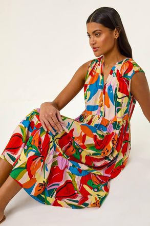 Roman Abstract Print Tiered Midi Dress