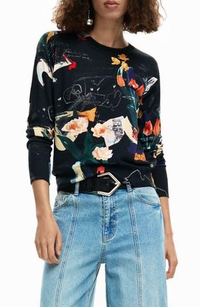 Desigual Floral Fine Gauge Crewneck Sweater in Black at Nordstrom, Size X-Small