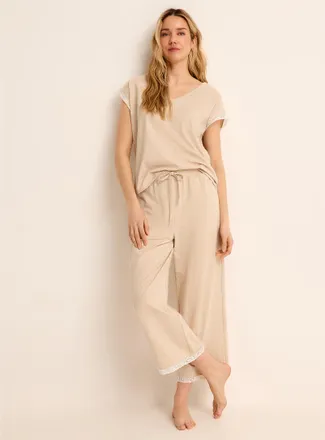 Miiyu Womens Lace-accent Supima cotton cropped pyjama pant