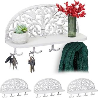 Relaxdays 4 Percheros Pared Con Estante, Colgadores Llaves, Antiguos, Hierro Fundido, 23 X 39 X 11,5 Cm, Blanco