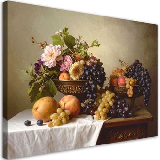 Feeby Cuadro En Lienzo, Naturaleza Muerta Con Frutas Y Flores, 120x80