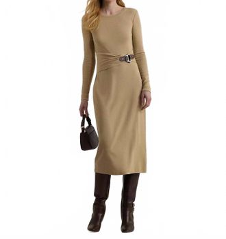Ralph Lauren Buckle-Trim Cotton-Blend Knit Midi Dress In Tan