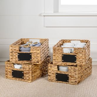 Happimess Lane Classic Farmhouse Handwoven Hyacinth Pantry Baskets with Chalkboard Labels and Handles (Set of 4)