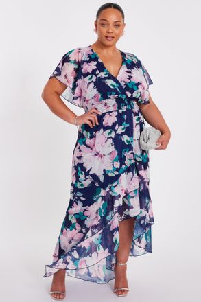 Quiz Womens Curve Navy Floral Tiered Midi Dress - Size 26 UK