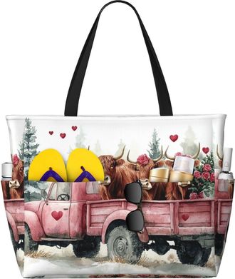 Generic Valentines Highland Cow Print Large Beach Bag Foldable Travel Shoulder Tote Bag With Pocket For Weekender Pool Vacation
