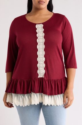 Forgotten Grace Three-Quarter Sleeve Crochet Peplum Top in Burgundy at Nordstrom Rack, Size 1X