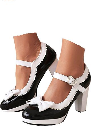 Generic Womens High Chunky Heel Mary Jane Pumps with Bow-Tie & Lace-Trim Retro Bavarian Ankle Strap Court Shoes Supportive Oktoberfest Dirndl Comfort Black