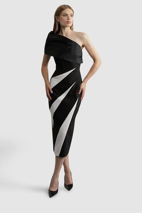 Karen Millen Petite One Shoulder Panel Midi Dress in Mono at Nordstrom, Size 10P
