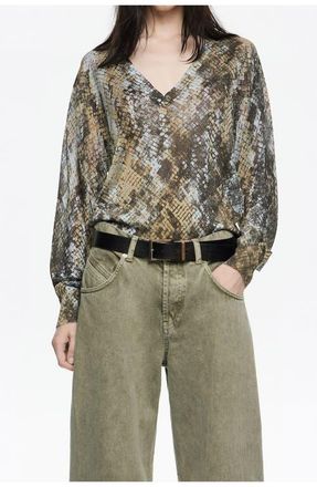 Bimba & Lola Snake Lurex V-Neck Sweater in Snake Khaki at Nordstrom, Size X-Small Eu